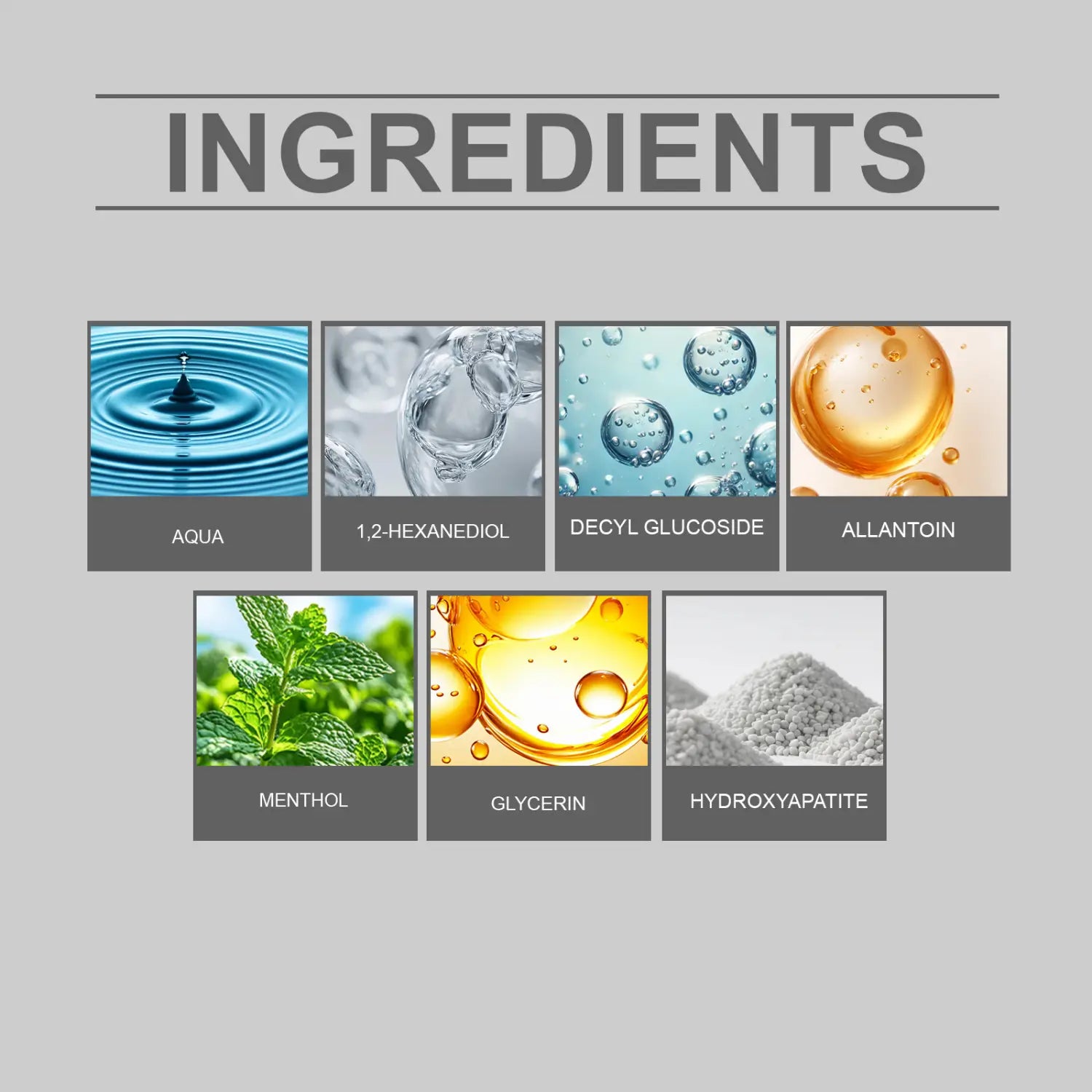 The back side of the foam toothpaste simply white mousse pump dispenser showing ingredients including aqua 1 2-hexanediol decyl glucoside allantoin menthol glycerin and hydroxyapatite.