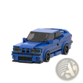 Blue lego-built e36 sports car model with black tires and detailed front grille made of 509pcs building blocks toy