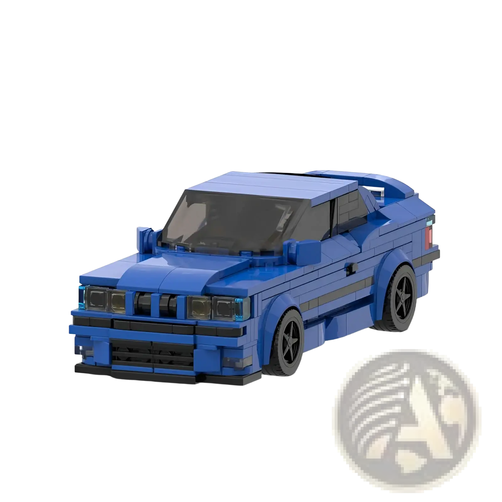 Blue lego-built e36 sports car model with black tires and detailed front grille made of 509pcs building blocks toy