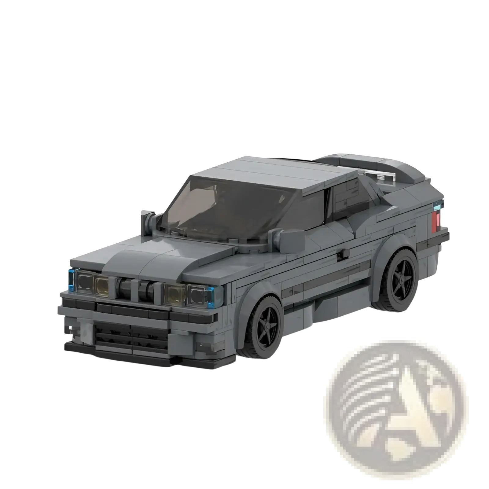 Gray lego technic e36 building blocks sports car model with black wheels and blue-tinted headlights toy