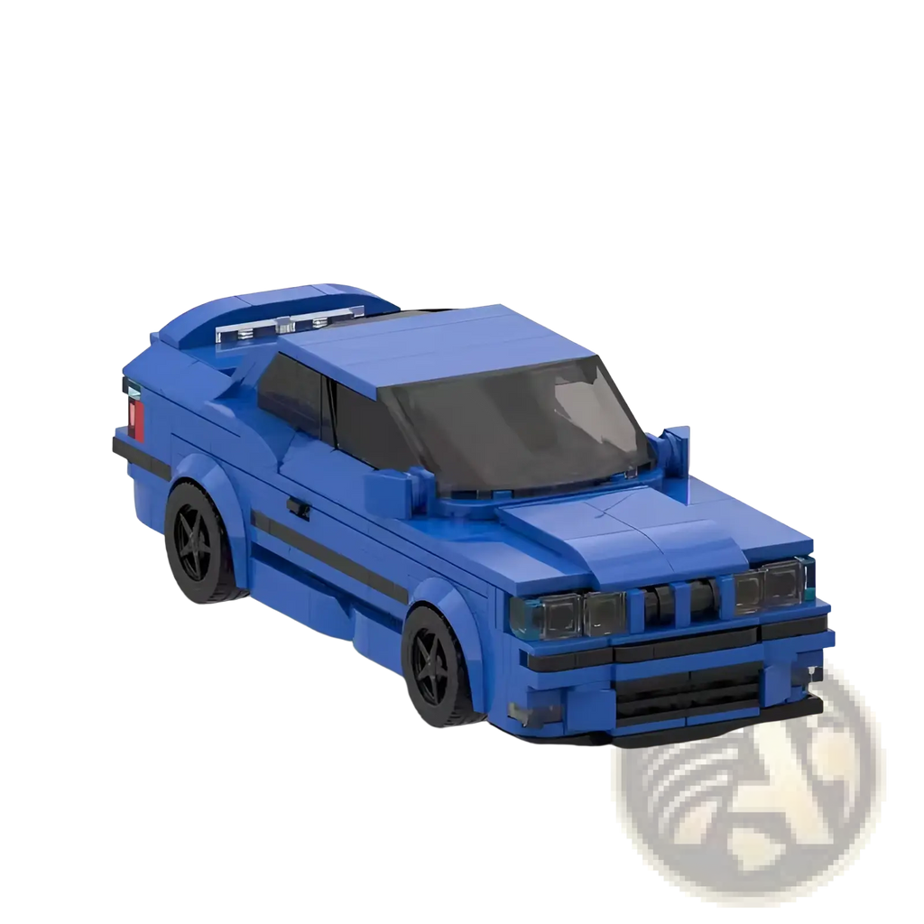 Blue lego-built E36 sports car model with black wheels and detailing made of 509pcs building blocks toy