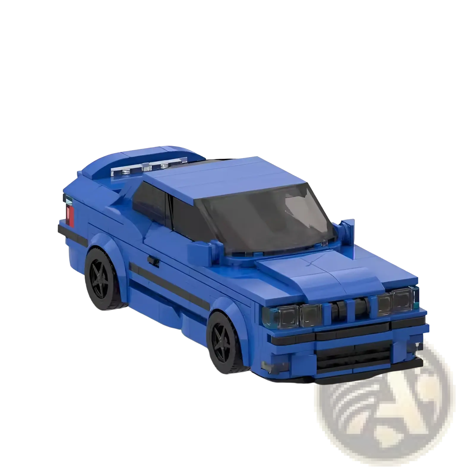 Blue lego-built E36 sports car model with black wheels and detailing made of 509pcs building blocks toy
