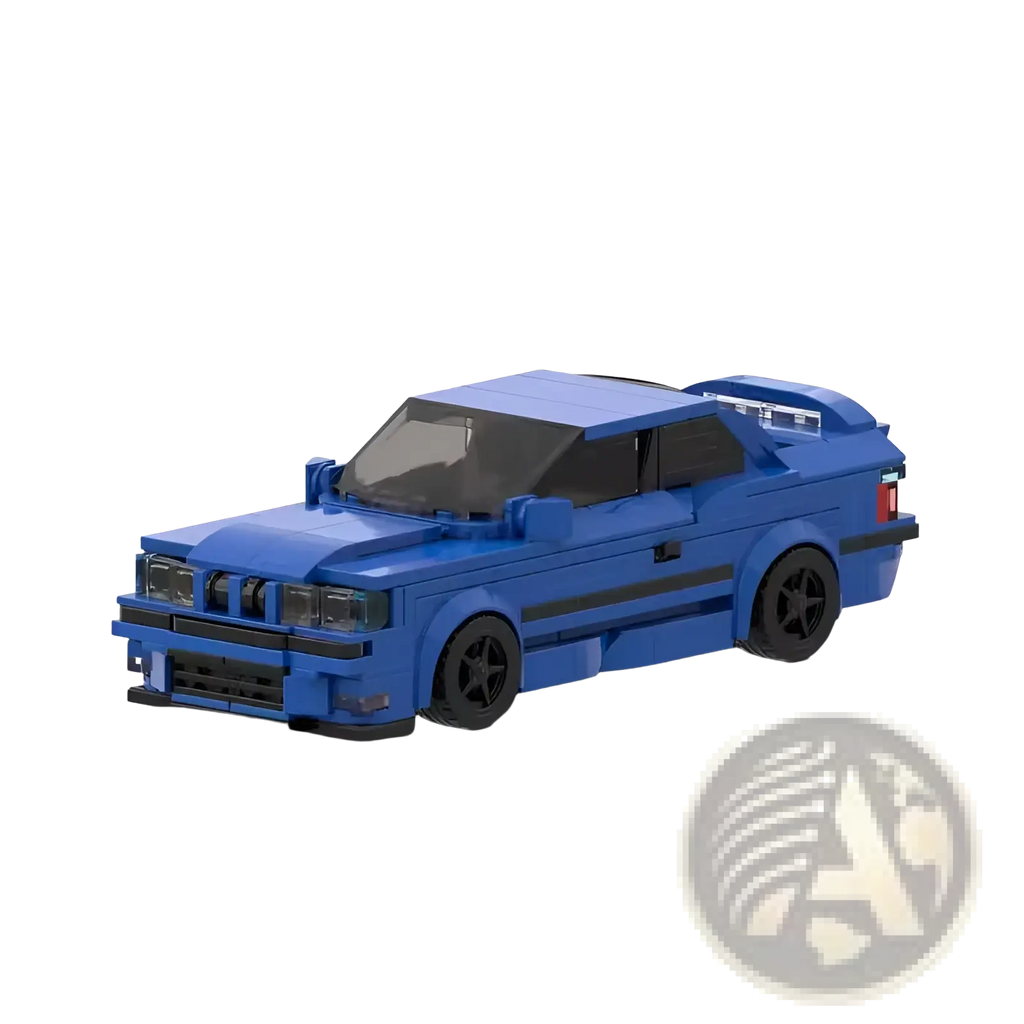 Blue lego-built e36 sports car model with 509 pieces featuring black wheels and trim for building block enthusiasts