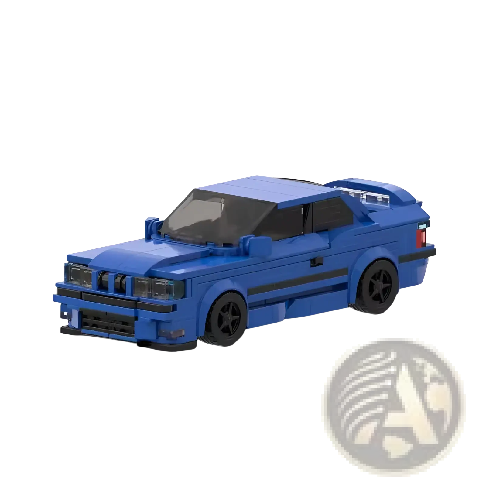 Blue lego-built e36 sports car model with 509 pieces featuring black wheels and trim for building block enthusiasts