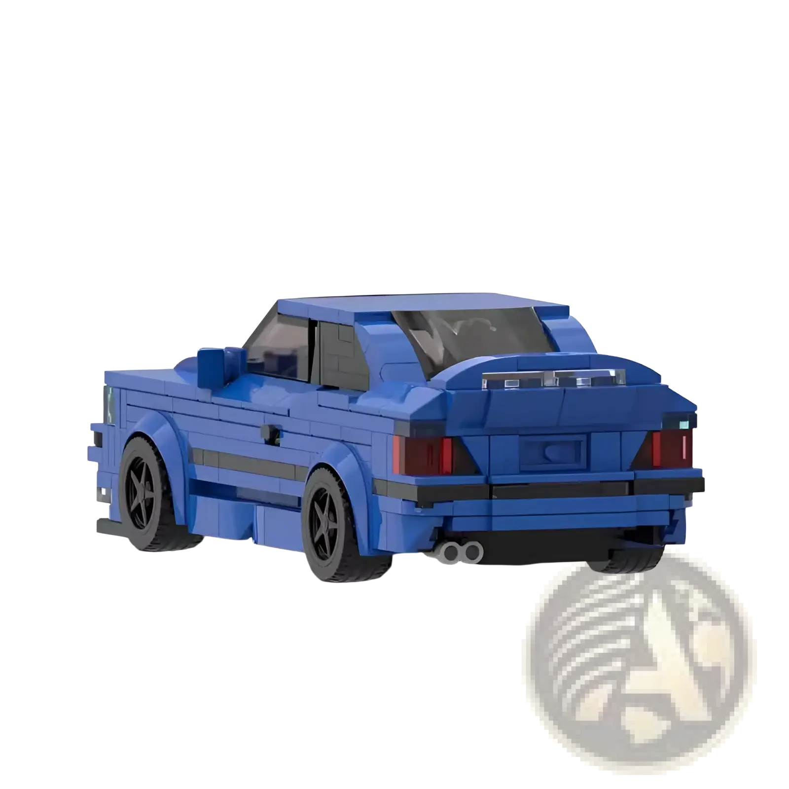Blue lego-built e36 sports car model with black wheels and red taillights showing the back side view