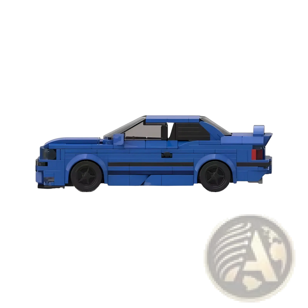 Blue lego-built e36 sports car model with black wheels and trim constructed from 509pcs building blocks toy