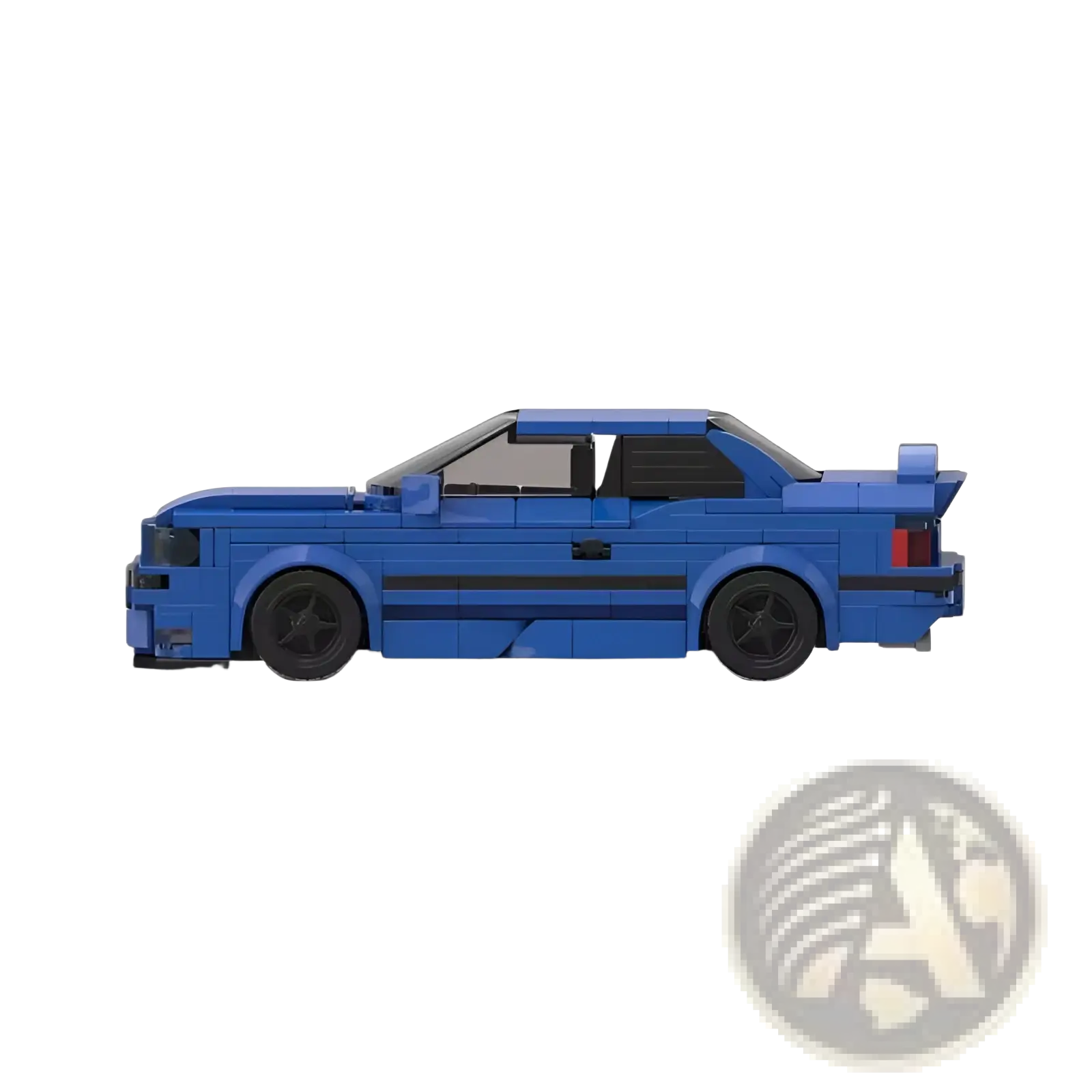 Blue lego-built e36 sports car model with black wheels and trim constructed from 509pcs building blocks toy