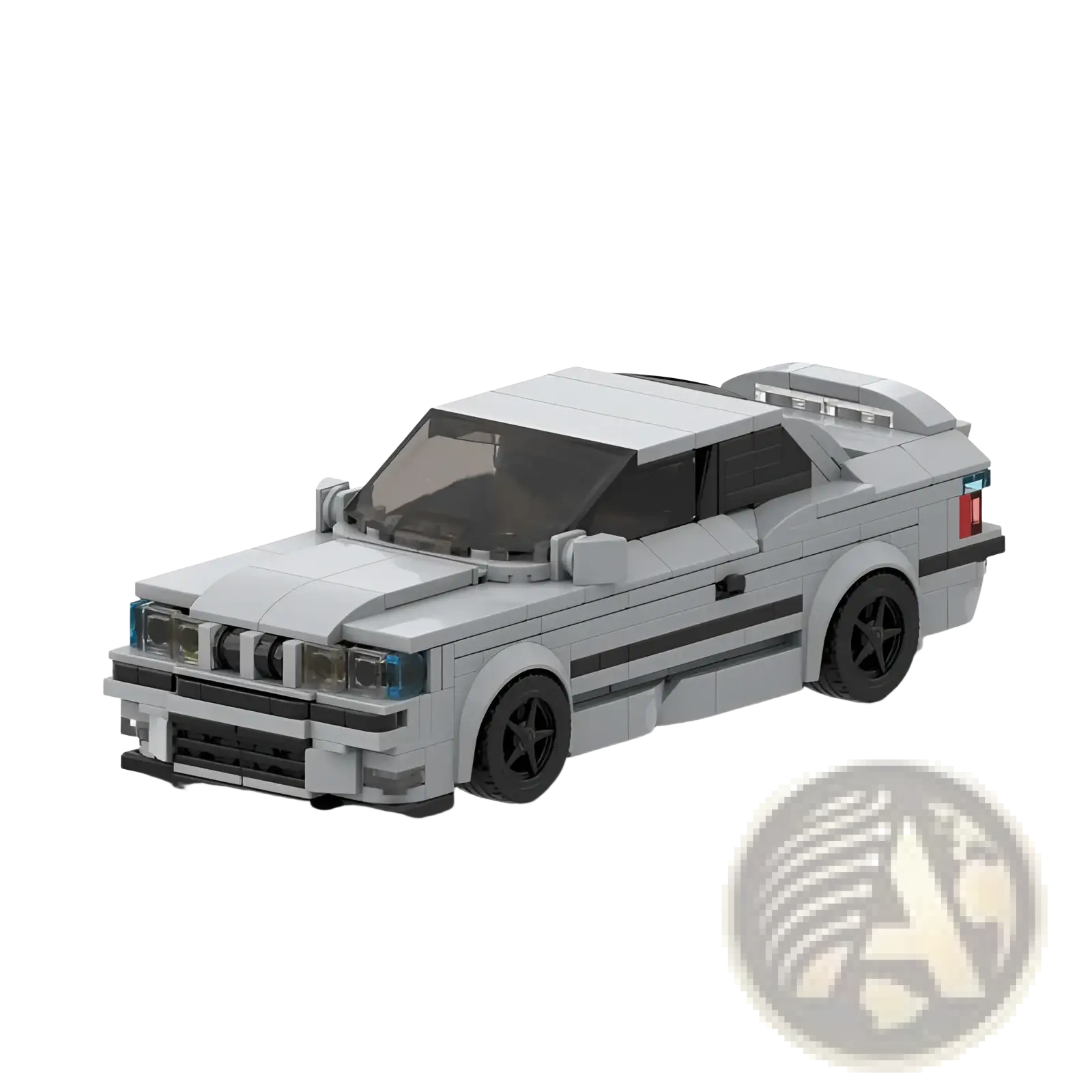 A detailed gray E36 building blocks sports car model with black wheels and racing stripes made of 509pcs toy bricks