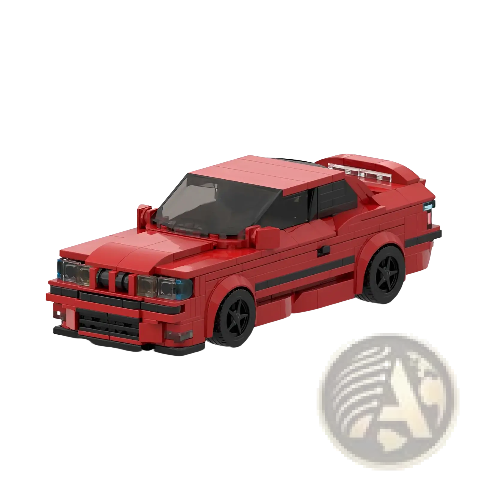 Red lego-built bmw e36 m3 sports car model with black wheels and trim made from 509pcs building blocks toy