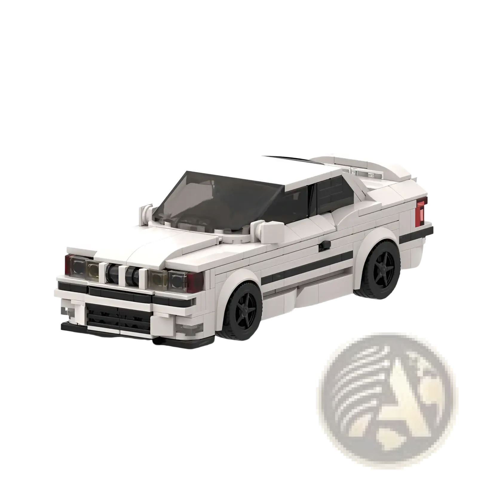 White lego-built bmw e36 m3 sports car model with black wheels and racing stripes 509pcs building blocks toy