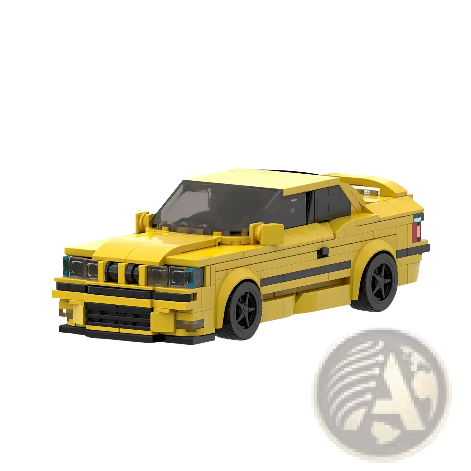 Bright yellow lego-built bmw e36 m3 sports car model with black accents and detailed wheels 509pcs toy