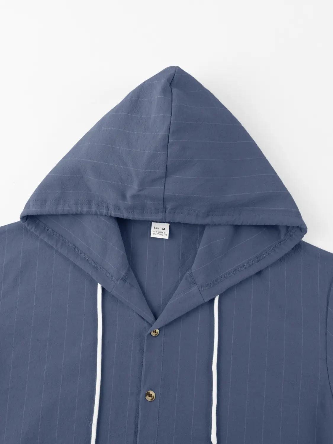 Navyblaues Nadelstreifen-Leinenhemd mit Kapuze für Herren, Slim Fit, mit weißen Kordeln und goldfarbenen Knöpfen.