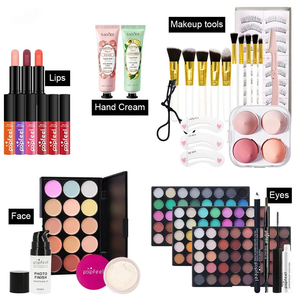 Set of four popfeel lipsticks in sleek black tubes with vibrant orange purple pink and red accents from the Makeup Set Popfeel Festive Red Gift Kit 27 Pcs.