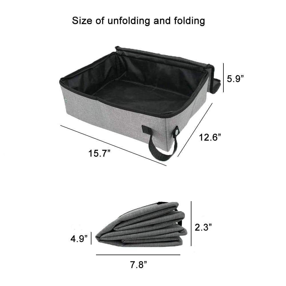 Gray foldable waterproof fabric cat litter box with black interior and handles designed for compact folding and storage.