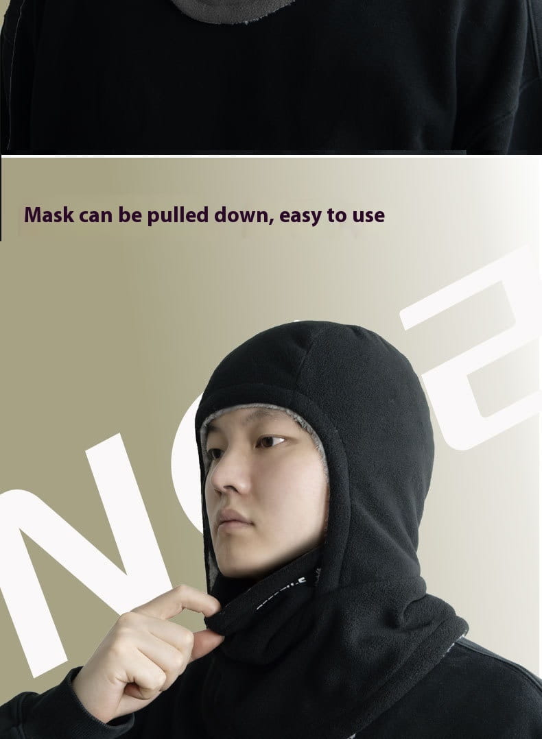 Black fleece hooded balaclava winter thermal hat with a snug fit and an adjustable drawstring for secure wear.