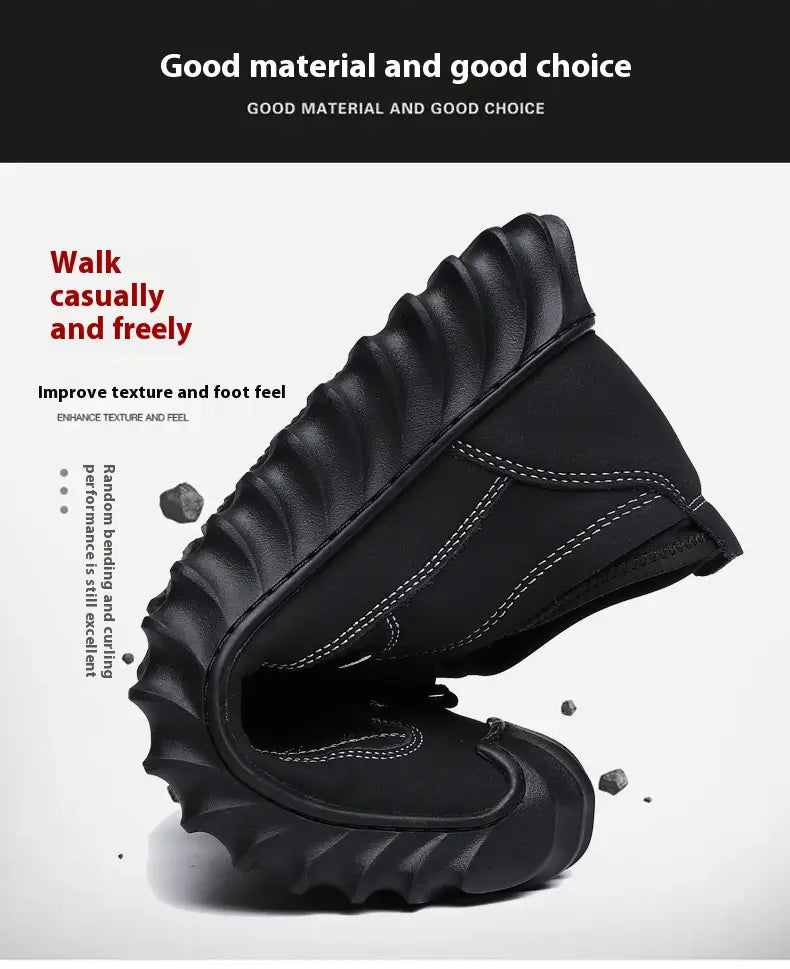 Men’s suede casual sneakers with chunky black rubber sole and textured upper featuring white stitching.