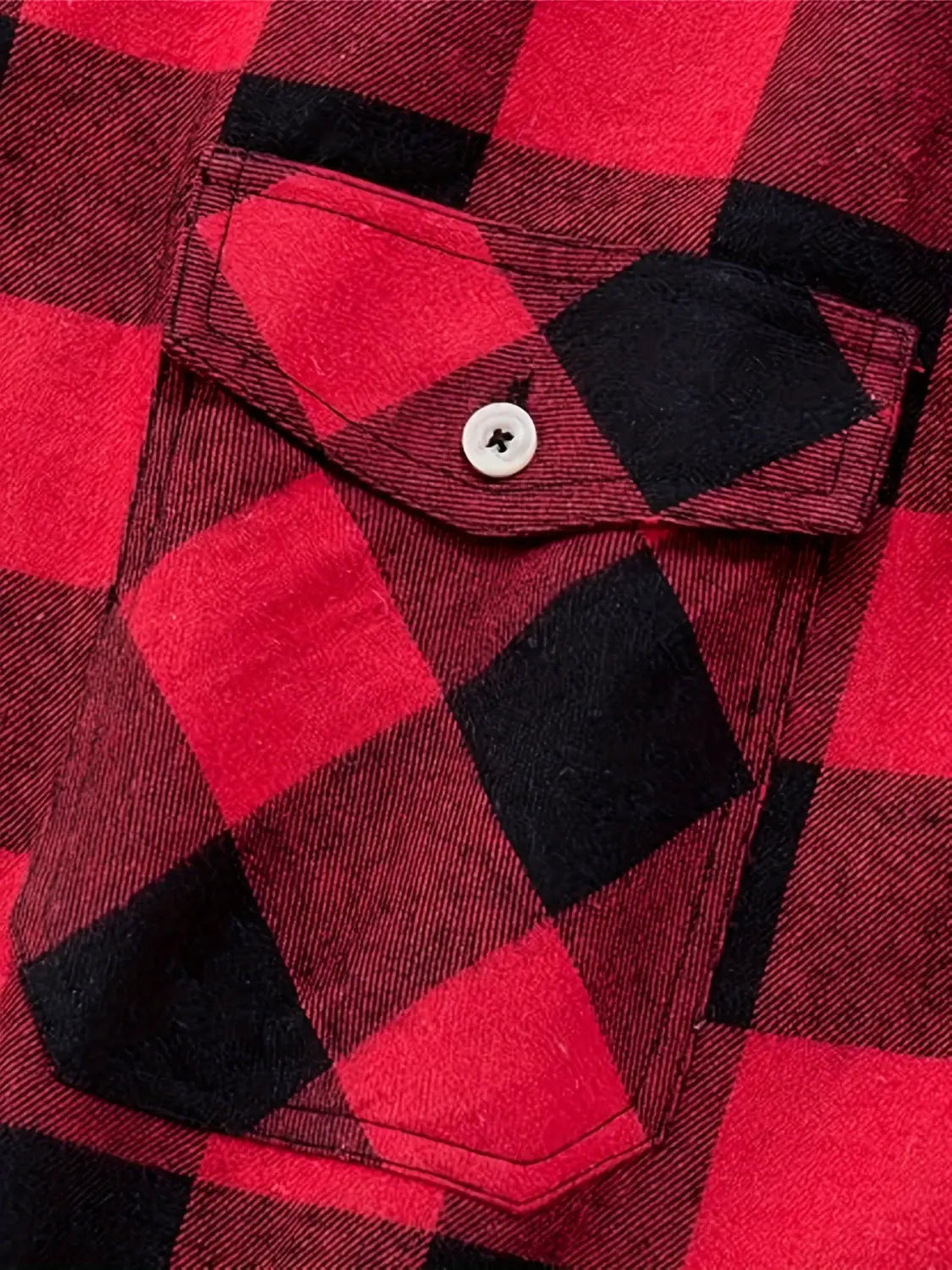Men’s slim fit plaid flannel button up shirt in red and black with a white button on the chest pocket.