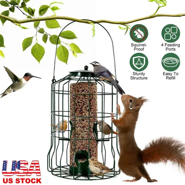 Alimentador para aves a prueba de ardillas de metal, estación colgante de 4 puertos