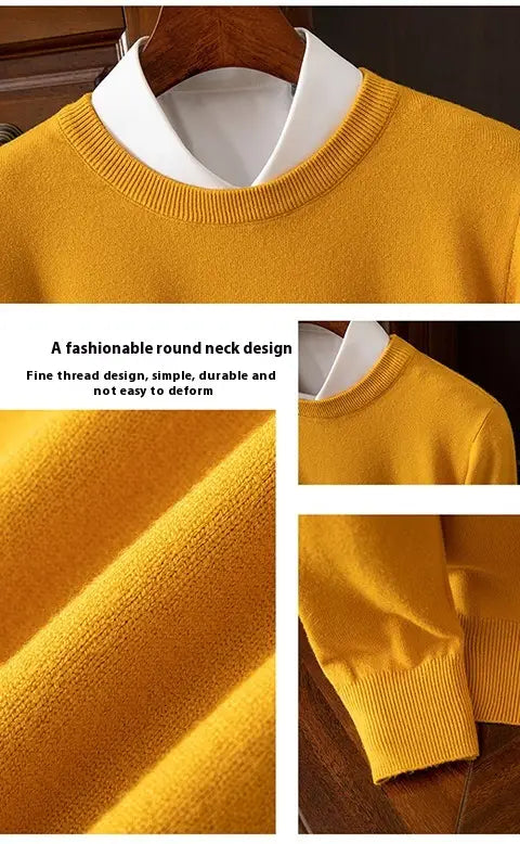 Suéter tipo pulóver de cuello redondo acanalado para hombre color mostaza, acogedor, con textura de punto fino y puños acanalados, superpuesto sobre una camisa blanca con cuello impecable