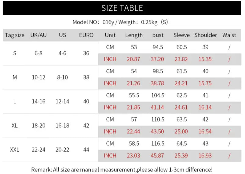 Size chart for women’s faux leather bomber jacket long sleeve outwear showing measurements in centimeters and inches for sizes S through XXL.