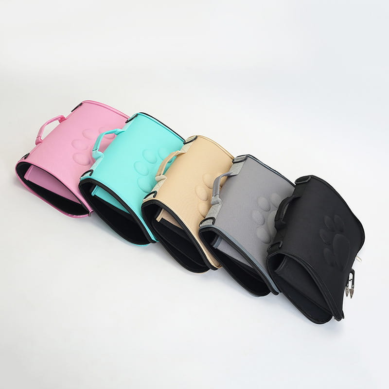 a row of five colorful soft-textured massage back support pads in pink teal beige gray and black designed for eva folding pet carrier bag use