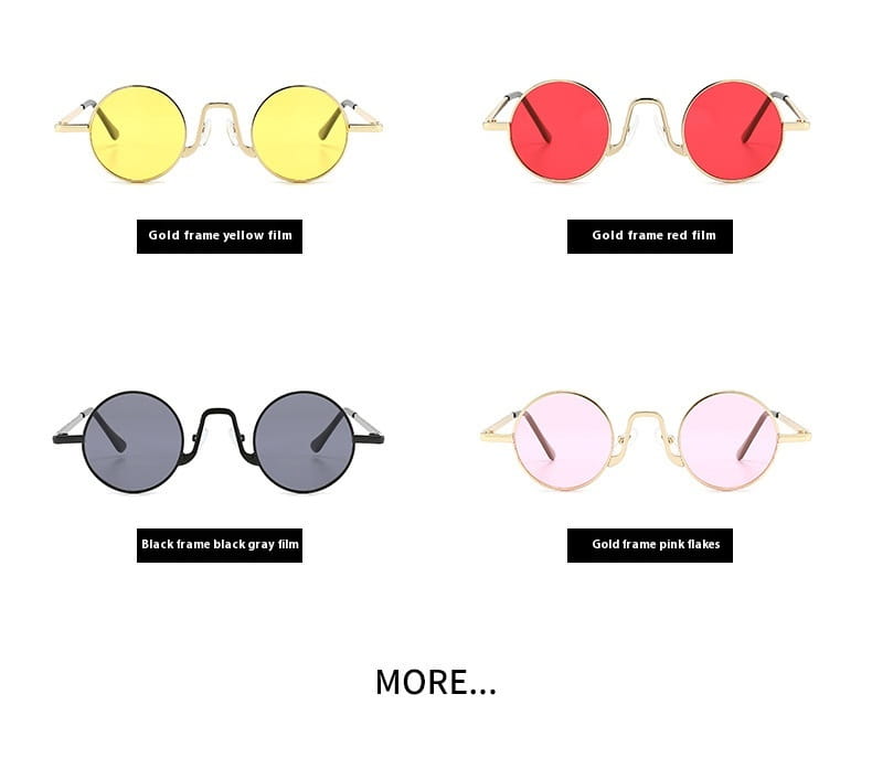Retro round hip hop sunglasses featuring gold or black metal frames with mirrored yellow red gray or pink lenses.