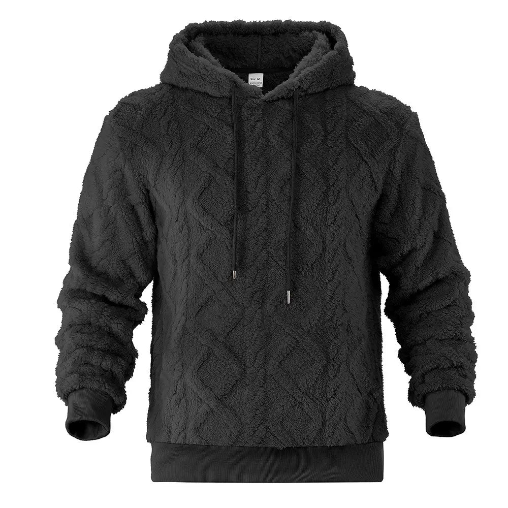 Men’s black textured fleece lined knit hoodie featuring a fuzzy knit pattern with ribbed cuffs and hem.
