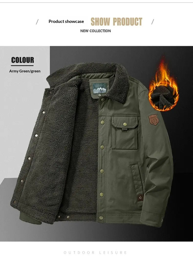Veste boutonnée en matelassé à empiècements pour homme en velours côtelé doublée en polaire de laine d’agneau, en vert armée, avec un intérieur sherpa gris foncé moelleux et des poches avant boutonnées.