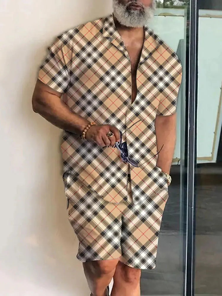 Beige black and white plaid short-sleeved button-up shirt with a v-neckline from the men’s tropical print short sleeve shirt and shorts set.