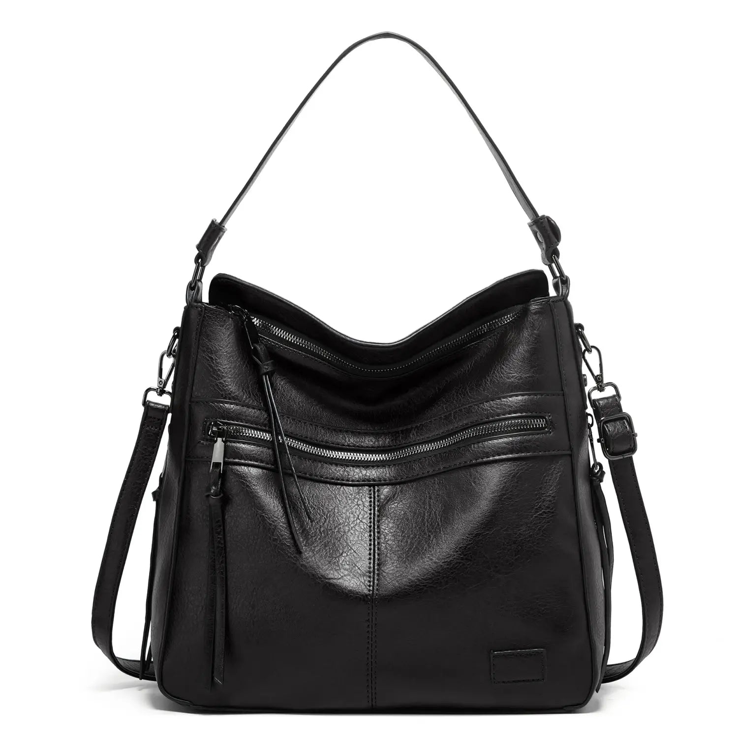 Schwarze Lederschultertasche mit mehreren Reißverschlüssen und verstellbaren Trägern, gestaltet als Crossbody-Tote für vielseitige Verwendung.
