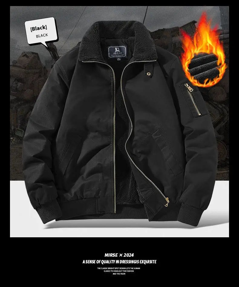 Men cotton shearling bomber jacket in black featuring a gold zipper and branded collar tag with shearling lining.