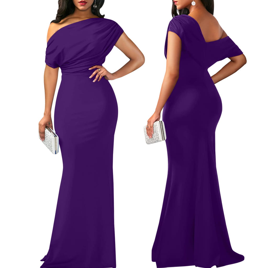 A sleek deep purple off the shoulder mermaid evening gown with a draped fitted bodice and flowing skirt.