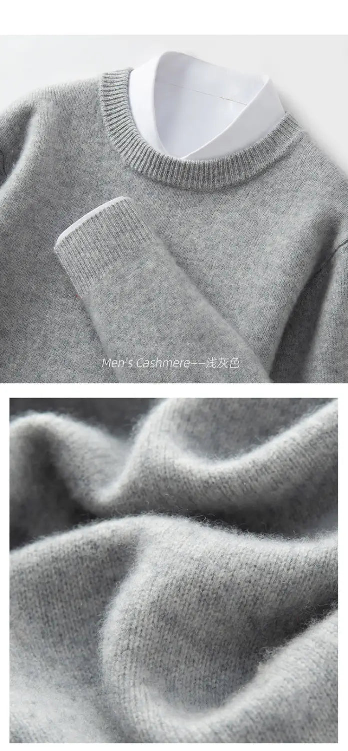 Ein weich meliertes graues Herren-Strickpullover mit einfarbiger Strickware, Slim Fit, aus Kaschmir mit klassischem Rundhalsausschnitt und gerippten Bündchen.