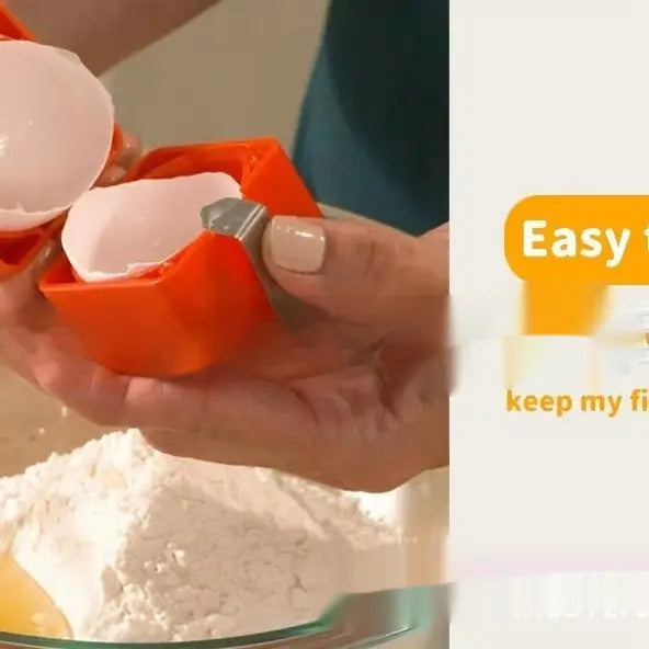 Orangener Eierschalenknacker mit silbernem Metallclip, ausgelegt als mobiles Küchen-Trennwerkzeug für ein müheloses Öffnen der Eier.