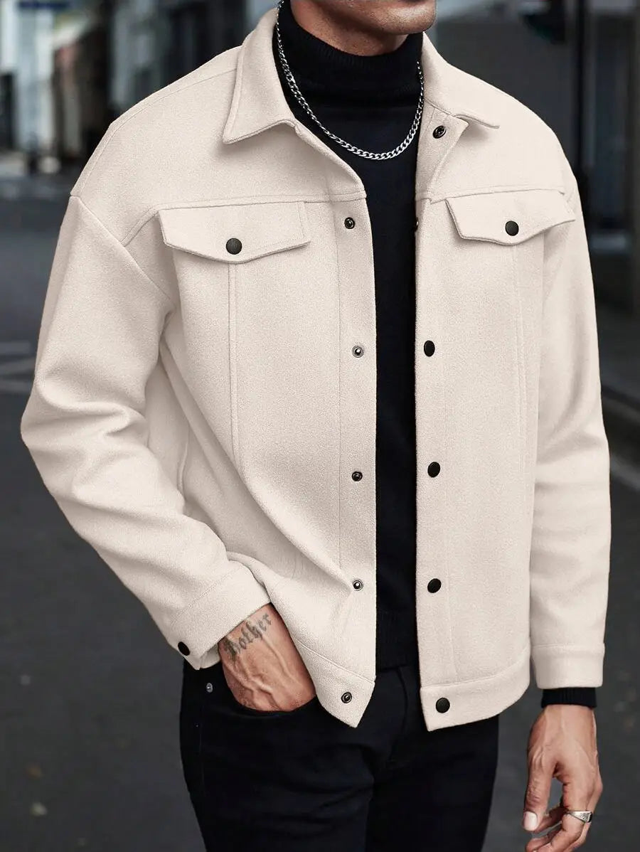 Men’s classic slim fit wool blend lapel jacket in cream color with black buttons and flap pockets.