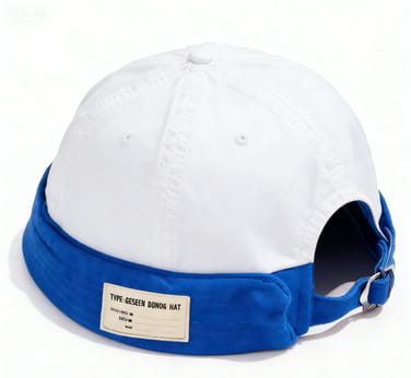 white and blue canvas fedora hat for men with navy blue brim and adjustable denim strap closure shown from the back side