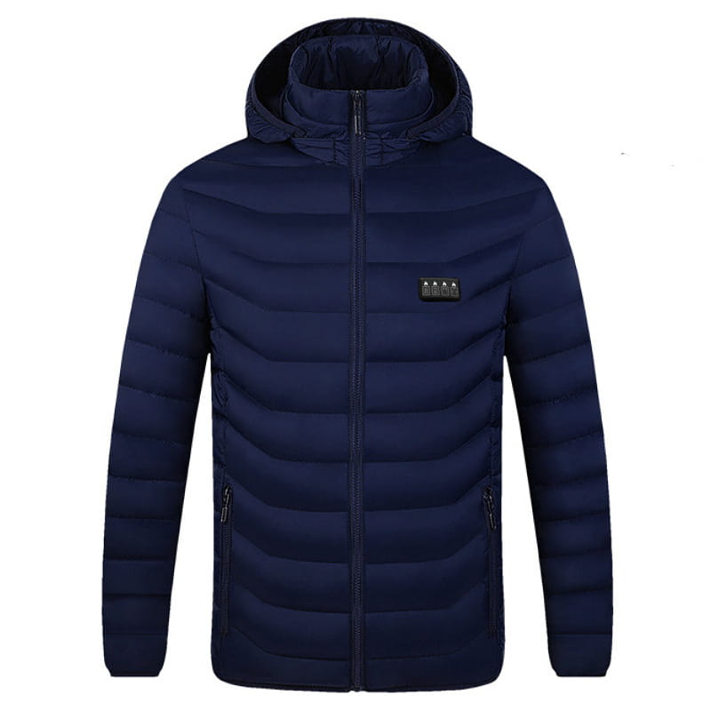 Dark blue quilted electric heated jacket with detachable hood black zipper and small rectangular logo patch on the left chest.