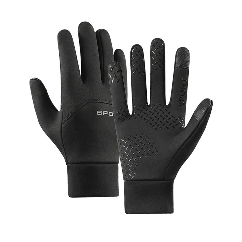 Gants de sport thermiques à écran tactile étanches noirs affichant le côté arrière, avec des motifs de prise texturés sur les doigts et la paume, pour améliorer les performances.