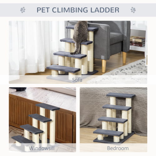 pawhut 4-step cat stairs and sisal scratching post featuring a gray and cream-colored pet climbing ladder with textured carpeted steps.