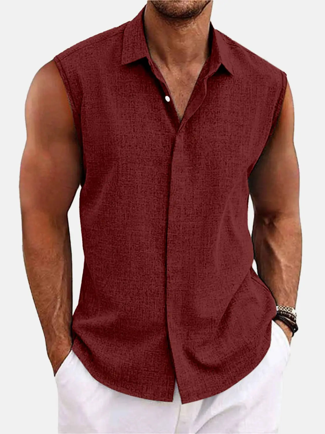 Herren-Slim-Fit-ärmelloses Sommerhemd aus Leinenmischung mit Textur, in Weinrot, mit klassischem Kragen und vorderer Knopfleiste.