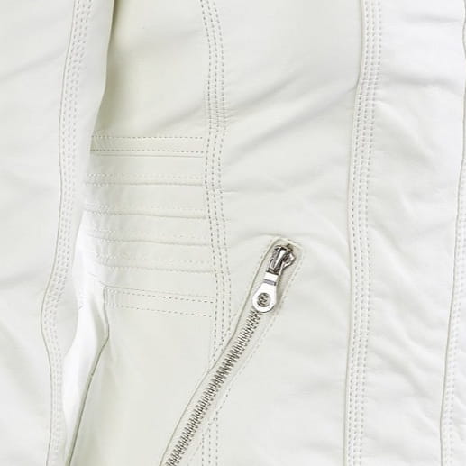 white faux leather moto jacket with detachable hood featuring a silver zipper and stitched seams shown from the back side