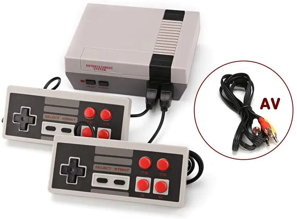 Gray and black retro-style Nintendo Entertainment System console with two matching controllers featuring red buttons in the 620 Retro Video Game Console with 2 Controllers product.