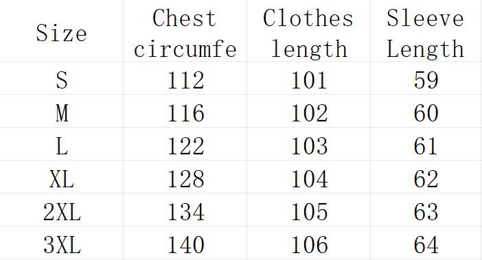 Size chart for women winter hooded quilted coat listing measurements in centimeters for sizes S through 3XL.