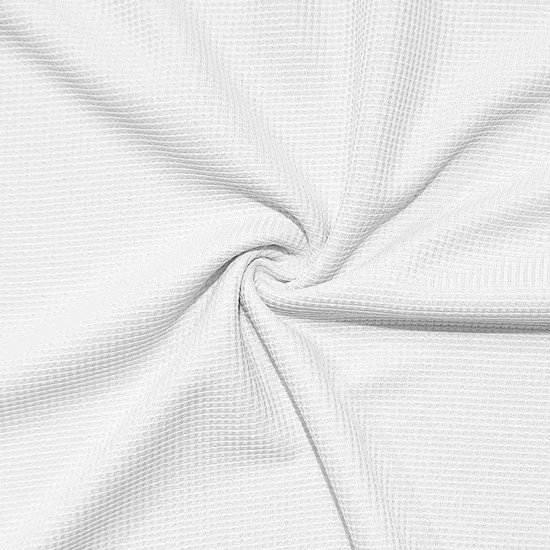 Men’s long sleeve waffle knit thermal pullover in white fabric with a textured grid-like pattern.