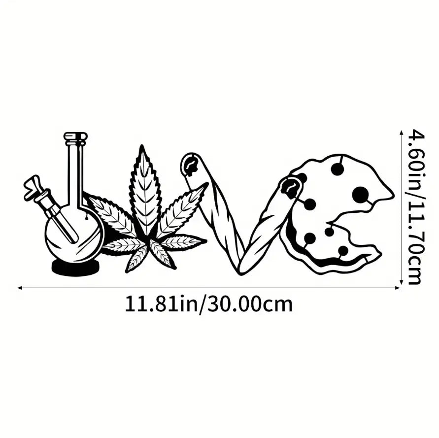 Black and white cannabis love metal wall art decor featuring stylized word love with a bong, cannabis leaf, rolled joint, and chocolate chip cookie for home with 2 days shipping.