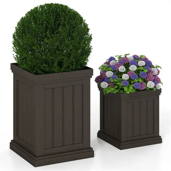 Dark brown rectangular stackable PP planter with vertical paneling and efficient drainage holes featuring a square base.