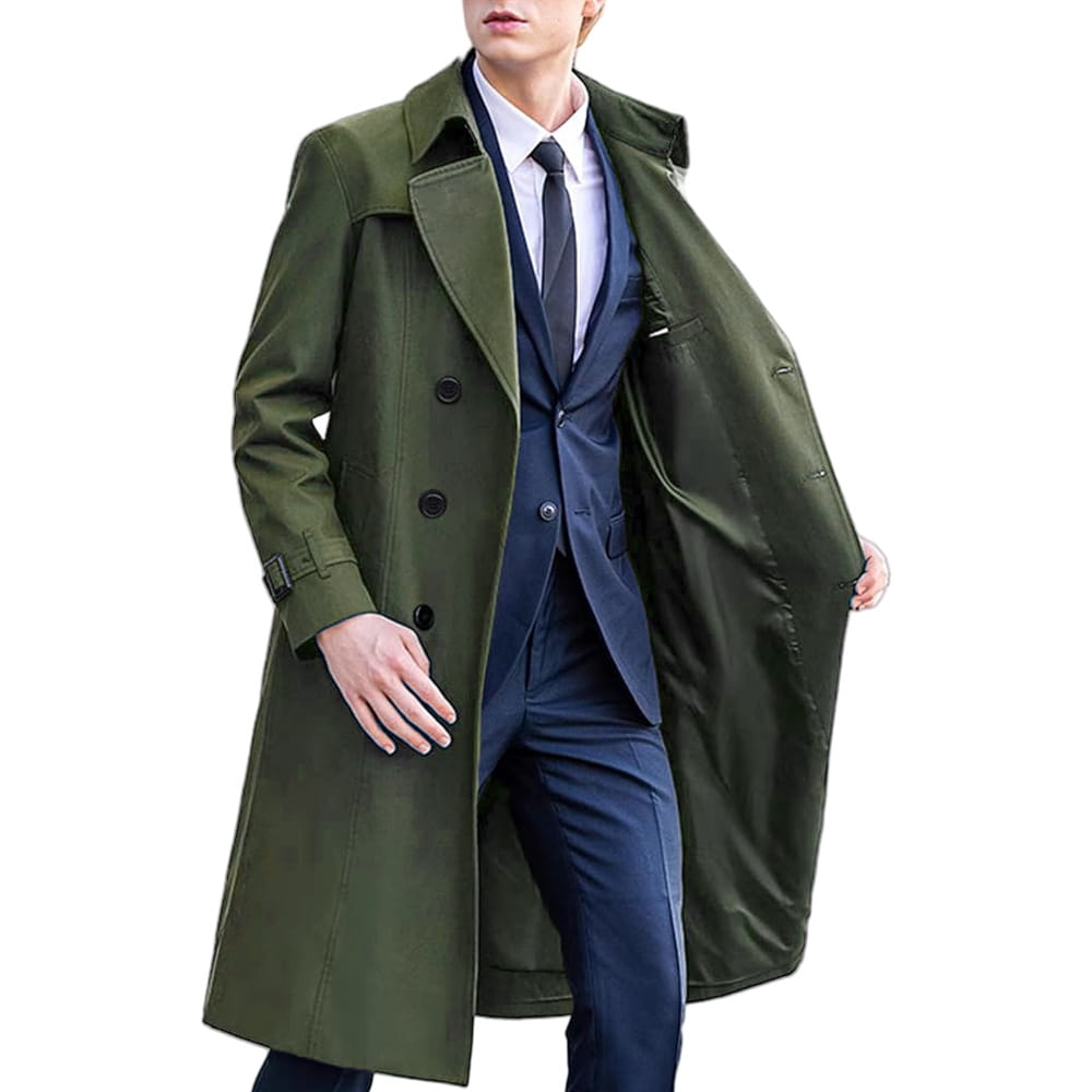 Men solid color long trench coat in olive green with black buttons and a belted waist made from durable fabric.