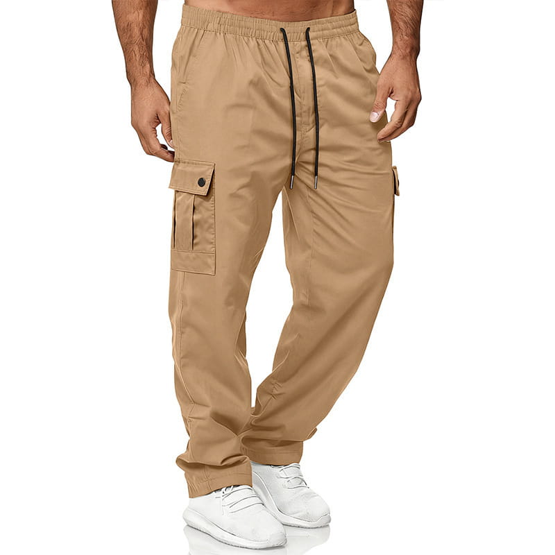 Beige mens straight leg cargo work pants featuring black drawstrings and buttoned flap pockets.