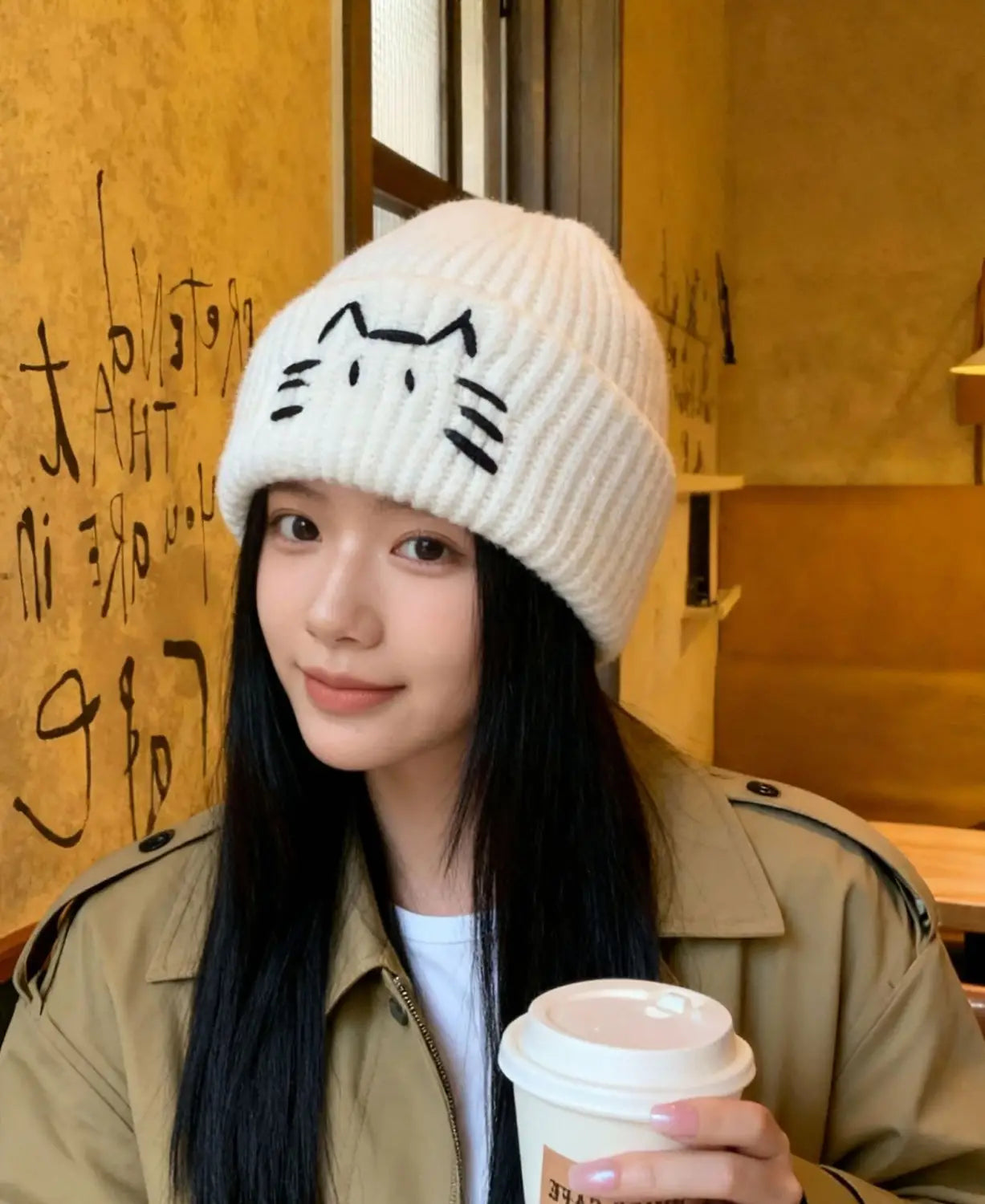 White knitted beanie hat featuring black cat face embroidery suitable for casual wear.