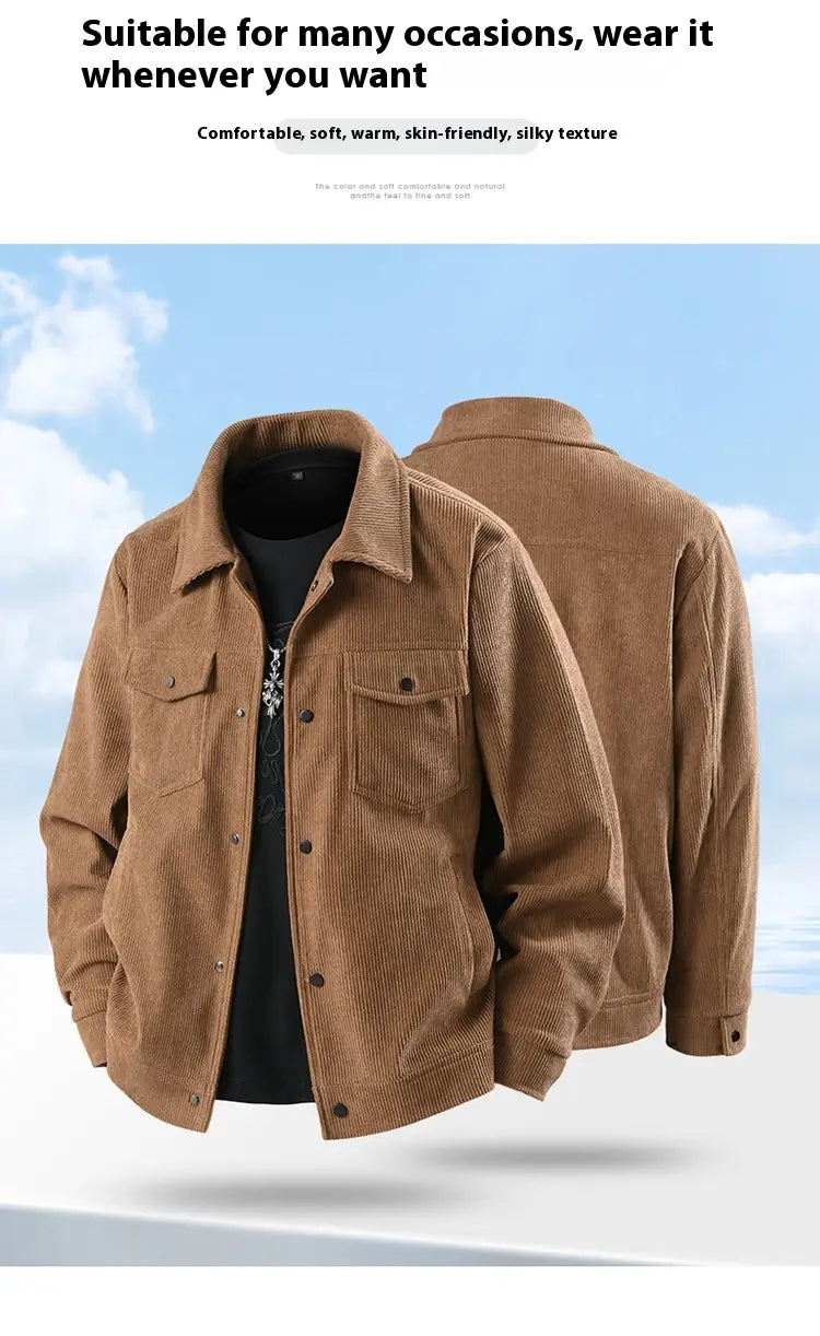 Herren-Cordjacke im Casual-Stil in Braun mit klassischem Kragen und Knopfverschlüssen.